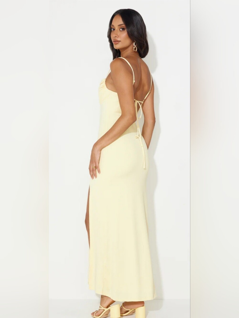 Hello Molly Butter Yellow Cowl Neck Maxi Dress Open Back Side Slit Formal Beachy - Picture 2 of 9